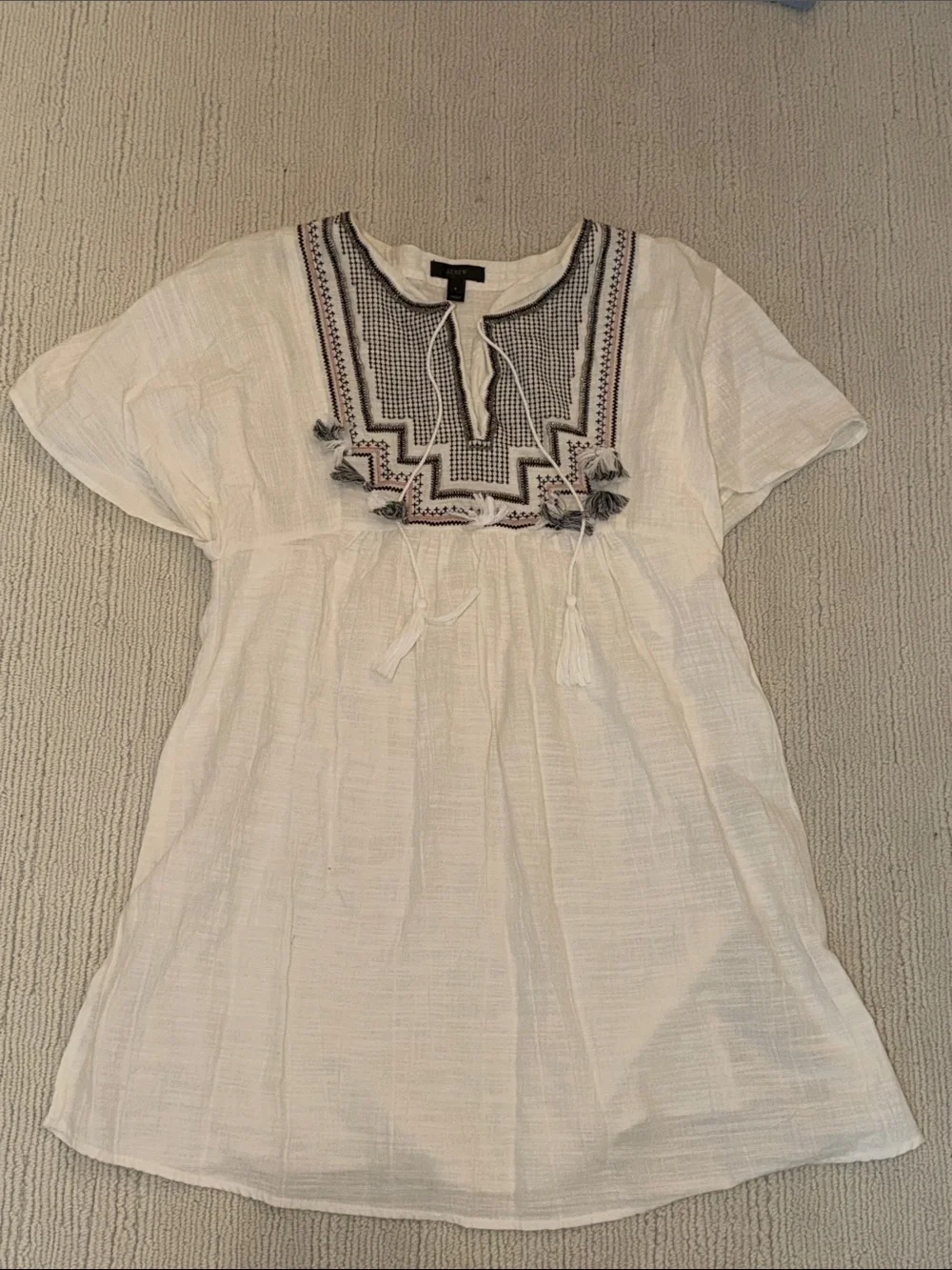 J Crew White Embroidered Boho Cover up Dress with Tassels - size small